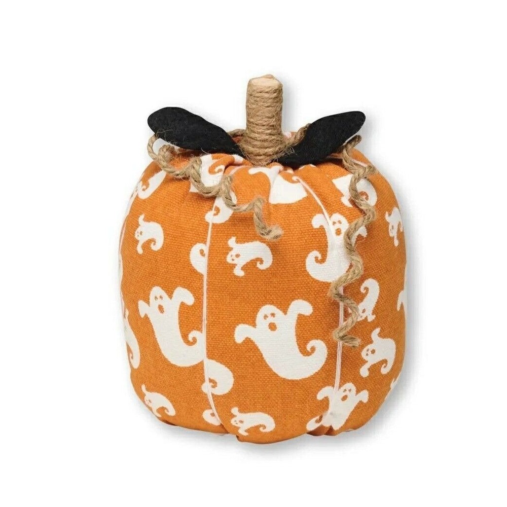 Primitive PUMPKIN Halloween Orange & White GHOSTS Fabric‎ Wood Stem 4x6"